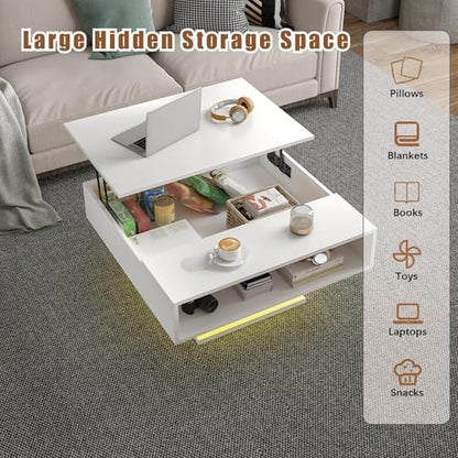HedoAjim Lift Top Coffee Table with Storage, 31.5" Square Coffee Table with Large Hidden Storage, Wood Living Room Table Center Table for Living Room Dining Reception Room, White - color: White