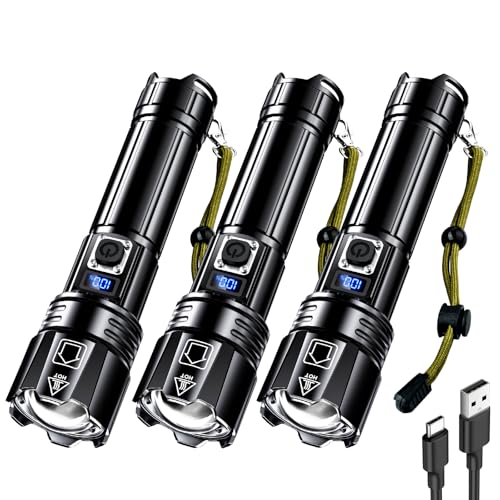 AKNEAR Rechargeable LED Flashlight High Lumens, Super Bright Flashlights with Zoomable & USB C Rechargeable & 5 Light Mode & Waterproof, Powerful Flash Light for Home, Hiking (Digital Display, 3 Pack) - size: 3 Pack, style: Digital Display