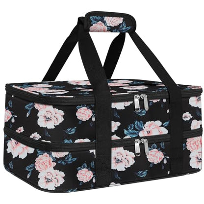esouler Double Insulated Casserole Carrier Bag Hot & Cold Food Carrier Bag Lasagna Holder Lunch Bag for Picnics, Parties, Travel, Fits 9 x 13 Inches Casserole Dish-Flower - color: Flower, size: 16x10x7.2 in