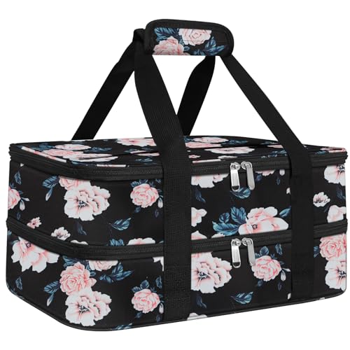 esouler Double Insulated Casserole Carrier Bag Hot & Cold Food Carrier Bag Lasagna Holder Lunch Bag for Picnics, Parties, Travel, Fits 9 x 13 Inches Casserole Dish-Flower - color: Flower, size: 16x10x7.2 in