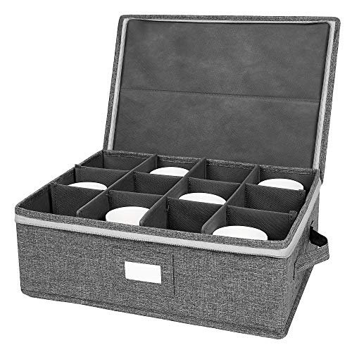 popoly Mug Storage Box with dividers, China Coffee Cup Storage Containers with Zipper Lid and Rivet Reinforced Handles, Holds 12 Coffee Mugs and Tea Cups, Structured Top and Stackable (Grey) - size: 1 Pack