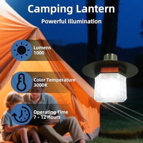 Rechargeable LED Camping Lantern, Stepless Dimming Camping Lights with 1000LM, Camping Essential with 2 Light Modes, IPX4 Waterproof Tent Lights, Portable Flashlight for Power Outages, Hiking