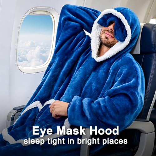 IFNOW Wearable Blanket Hoodie, Oversized Sherpa Fleece Hooded Sweatshirt with Eye Mask, Cozy and Giant Blanket Hoodie with Sleeves Extra Long for Adults Men Women, Navyblue - color: Navyblue, size: Adult