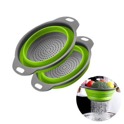 2pcs Collapsible Colander, Round Green Set Folding Silicone strainers for Kitchen, Collapsible Funnel Suitable for Draining Pasta, Vegetables and Fruits, Small