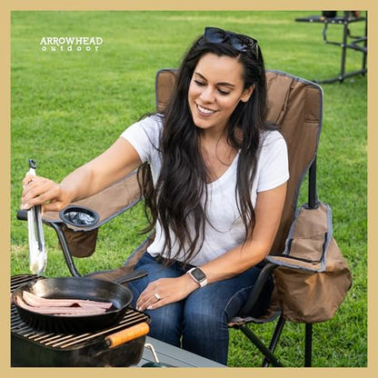 ARROWHEAD OUTDOOR Deluxe Folding Camp Chair – 550lb Capacity Heavy-Duty Quad Chair with Integrated Cooler, Headrest, and Dual Cup Holders. - color: Mocha