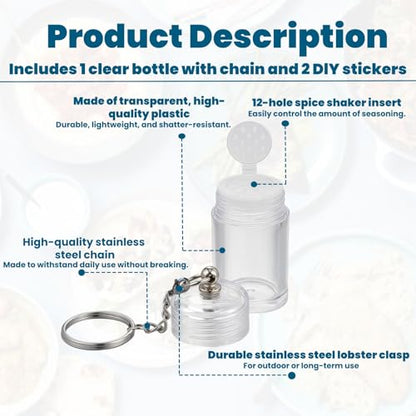 Mini Salt Keychain Bottle – Refillable AS Travel Salt Shaker – Portable Spice Jar with 2 Stickers – Small Key Chain Shaker for Camping, Office, Picnics, Lunchboxes