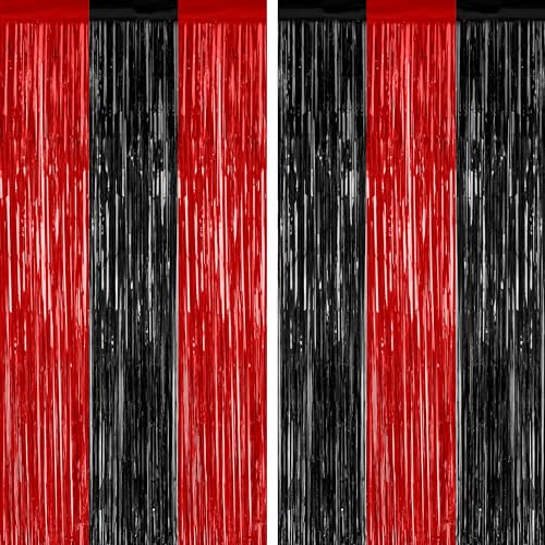 ZATAYE 2 Pack Black Red Halloween Foil Curtain Streamer Decorations | Black Red, Metallic Foil, 3.28 x 7.05 FT, Tinsel Backdrop, Foil Curtain Streamer, Halloween Party - color: Black Red, size: 2 PCS