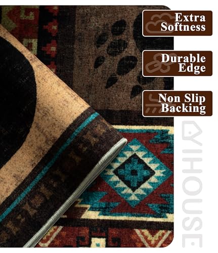 YIHOUSE Rustic Cabin Area Rug 5x7,Machine Washable Lodge Bear Rug,Non-Slip Low Pile Print Pattern Southwestern Rug for Living Room Bedroom - color: Brown, size: 5'x7' (Rectangular)