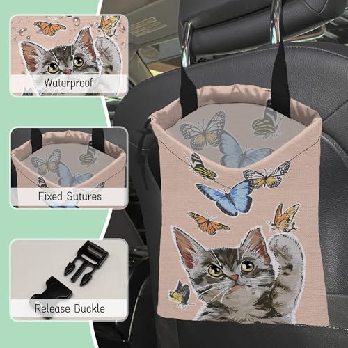 Cute Cat Car Garbage Bag,Flying Butterflies Waterproof Small Car Trash Bag Hanging Back of Seat,Drawstring Hanging Car Trash Bag with Adjustable Buckle for Car Accessories - color: Cute Cat