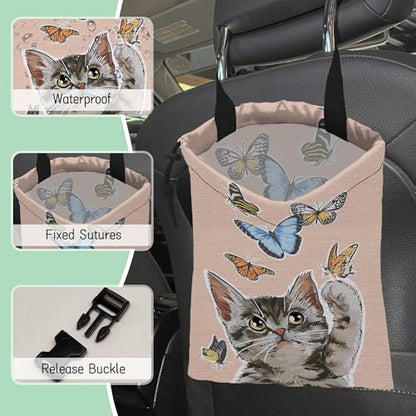 Cute Cat Car Garbage Bag,Flying Butterflies Waterproof Small Car Trash Bag Hanging Back of Seat,Drawstring Hanging Car Trash Bag with Adjustable Buckle for Car Accessories - color: Cute Cat