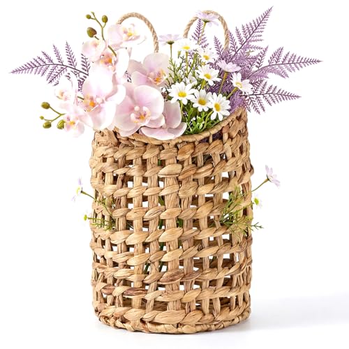OwnMy Water Hyacinth Hanging Basket Decorative Front Door Basket for Flowers/Plants, Woven Hanging Wall Basket for Garden Home Kitchen Indoor Outdoor Farmhouse Decor, 12.2" H x 8.7" W