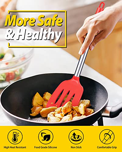 Pack of 2 Silicone Solid Turner, Non Stick Slotted Kitchen Spatulas, High Heat Resistant BPA Free Cooking Utensils, Ideal Cookware for Fish, Eggs, Pancakes(Red) - color: Red