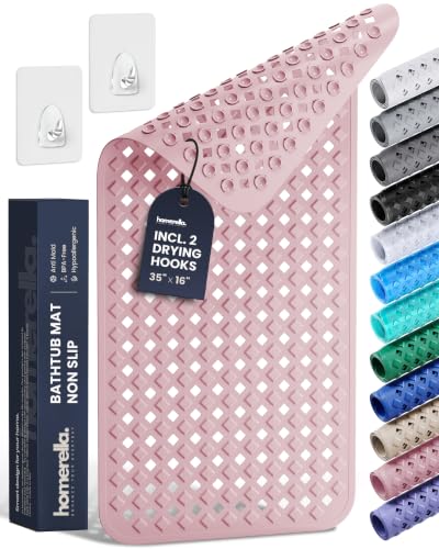 Bathtub Mat Non Slip 35x16 - homerella® Bath Mat Incl. Hooks for Drying, Extra Long, 100% BPA Free, Shower Mat Non Slip Anti Mold, Machine Washable, Shower Mats for Inside Shower Mildew Resistant - color: Rose, size: 34.5" x 15.5" (Rectangular)