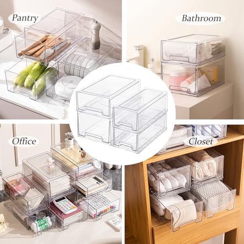 Clear Stackable Refrigerator Organizers and Storage Drawers - Pull-Out Fridge Bins with handles for Kitchen，Pantry，Cabinet，Bathroom, Undersink，Closet (2 Pack) - size: 2 Pack | Medium