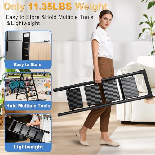 4 Step Ladder with Handrail Folding Step Stool with Tool Tray | 500LBS Capacity Sturdy Carbon Steel Frame Anti-Slip Stripe Pedal for Home Kitchen Garage (black-4step) - color: Black-tool, size: 4 step