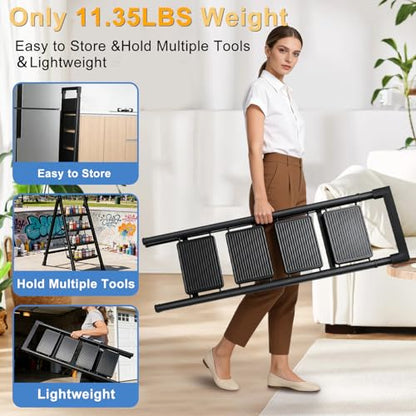 4 Step Ladder with Handrail Folding Step Stool with Tool Tray | 500LBS Capacity Sturdy Carbon Steel Frame Anti-Slip Stripe Pedal for Home Kitchen Garage (black-4step) - color: Black-tool, size: 4 step