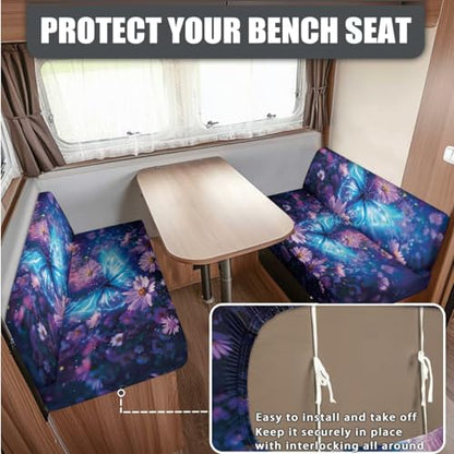 Butterfly Daisy Galaxy Pattern RV Dinette Cushion Covers with Pillowcase, 3 Pcs Breathable Camper Cushion Slipcover Replacement Non-Slip Furniture Protector for RV Camper Bench - color: Butterfly Daisy Galaxy