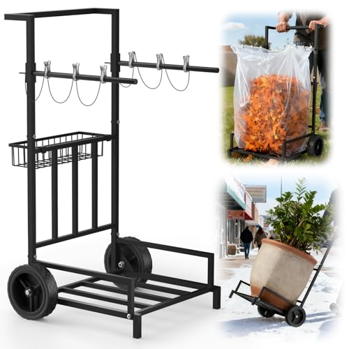 2-in-1 Leaf Bag Holder Cart & Hand Truck Dolly, Heavy Duty Garden Trash Bag Stand with 7" All-Terrain Wheels, 200lbs Capacity, Anti-Loss Clips & Utility Basket for Yard Work, Moving, Camping