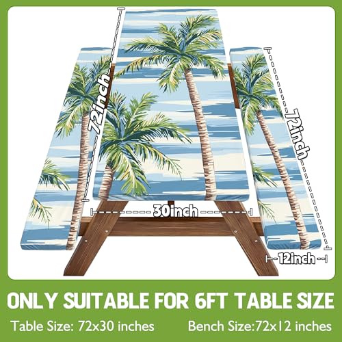 Picnic Table Cover with Bench Covers Waterproof Elastic Rectangle Reusable Folding Tablecloth Manteles Mantelería Camping Essentials Rv Car Travel Supplies Table Cloth Outdoor Road Trip Camper Gifts - color: Blue Green Coconut Tree, size: 72in
