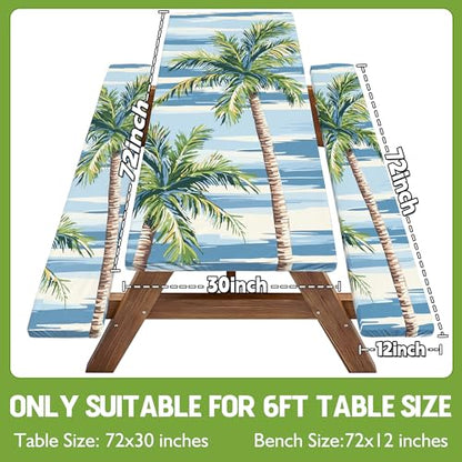 Picnic Table Cover with Bench Covers Waterproof Elastic Rectangle Reusable Folding Tablecloth Manteles Mantelería Camping Essentials Rv Car Travel Supplies Table Cloth Outdoor Road Trip Camper Gifts - color: Blue Green Coconut Tree, size: 72in