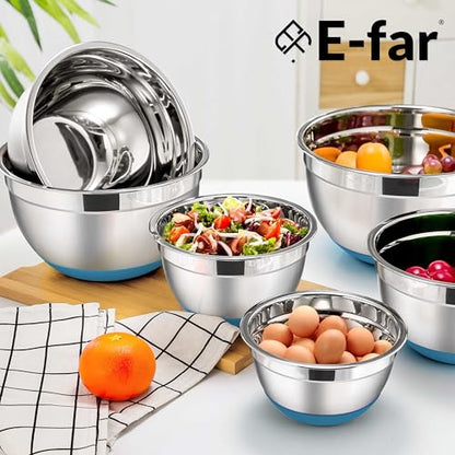 E-far Stainless Steel Mixing Bowls with Lids Set, 5-Piece Nesting Salad Bowls with 3 Grater Attachments and Non-Slip Bottoms, Size 4.6, 2.6, 2, 1.5, 1QT for Kitchen (Blue) - color: Blue, size: 5 Regular Sizes