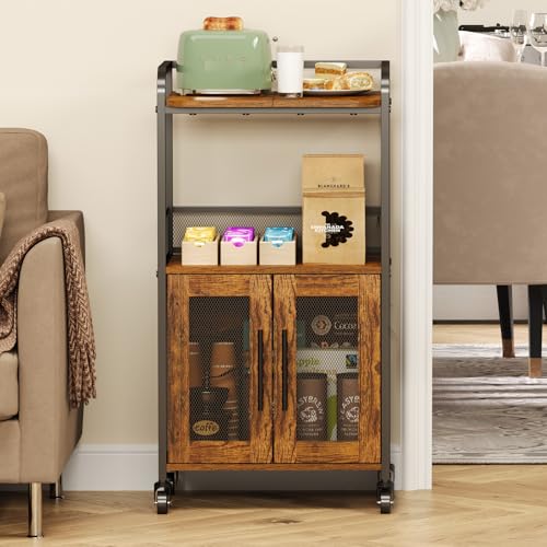 Hencawima Small Coffee Bar Cabinet with Storage, 3-Tier Rolling Coffee Bar Table, Farmhouse Coffee Cart Station with 2 Doors for Living Room, Dining Room, Rustic Brown - size: Small