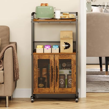 Hencawima Small Coffee Bar Cabinet with Storage, 3-Tier Rolling Coffee Bar Table, Farmhouse Coffee Cart Station with 2 Doors for Living Room, Dining Room, Rustic Brown - size: Small