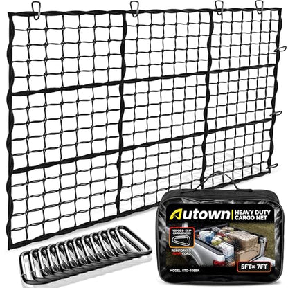 AUTOWN Cargo Net for Pickup Truck Bed - Stretchable 5' x 7' to 10' x 14' with 4" x 4" Mesh, Heavy Duty 10mm Cord Bungee Bed Netting with 12 Metal Carabiners - Ideal for ATV, SUV, UTV and Truck - size: 5' x 7'
