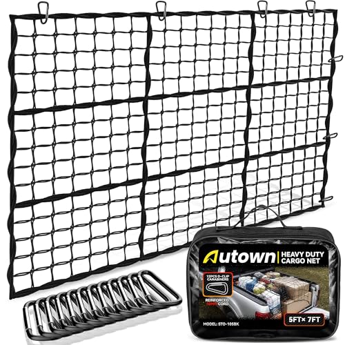 AUTOWN Cargo Net for Pickup Truck Bed - Stretchable 5' x 7' to 10' x 14' with 4" x 4" Mesh, Heavy Duty 10mm Cord Bungee Bed Netting with 12 Metal Carabiners - Ideal for ATV, SUV, UTV and Truck - size: 5' x 7'
