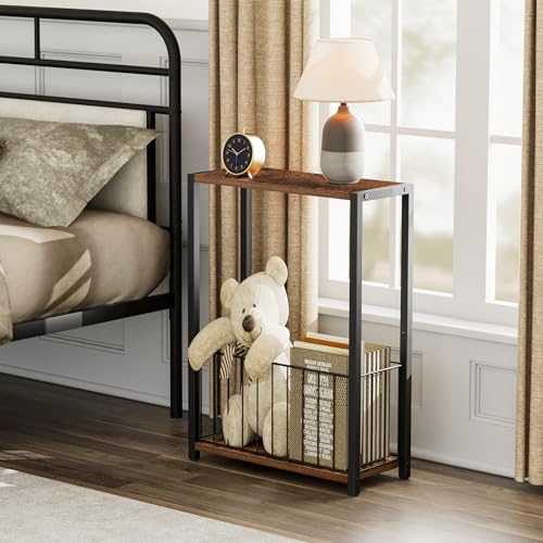 Homleke Narrow Side Tables Set of 2 with Magazine Holder, Skinny End Tables Perfect for Small Spaces, Space-Saving Design for Living Room, Bedroom, or Office, 7.1" D x 16.9" W x 23.6" H, Rustic Brown - color: Rustic Brown - Standard