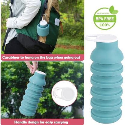 Collapsible Silicone Water Bottle – Foldable Travel Water Bottle Leakproof, BPA Free, Portable & Space-Saving – Perfect for Gym, Hiking,Travel(carabiner and cleaning brush),Light green - color: Lightgreen