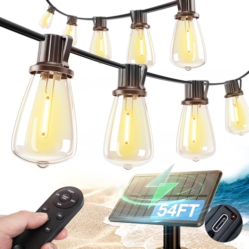 addlon 54FT(48+6) Solar String Lights Outdoor Waterproof with USB Port & Remote Control Dimmable Solar Patio Lights IP65 Solar Powered Edison LED Bulbs for Outside Bistro Camping - size: 54FT