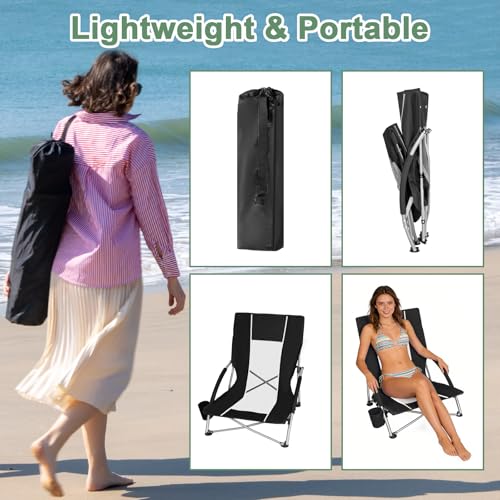 Romswi Low Beach Chairs for Adults 2 Pack, Lightweight Folding Sand Chairs with Breathable Mesh Back & Cup Holder, Portable Compact Camping Chairs, 300lbs Capacity,Black - color: Black - Low Back