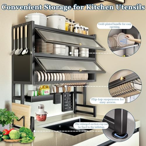 4-Tier Dish Drying Rack with Cover – Above Sink Kitchen Storage Rack, Large Space-Saving Shelf for Dishes, Glasses, Bowls & Cutlery, Black (W-38'') - size: W-38''
