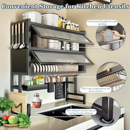 4-Tier Dish Drying Rack with Cover – Above Sink Kitchen Storage Rack, Large Space-Saving Shelf for Dishes, Glasses, Bowls & Cutlery, Black (W-38'') - size: W-38''