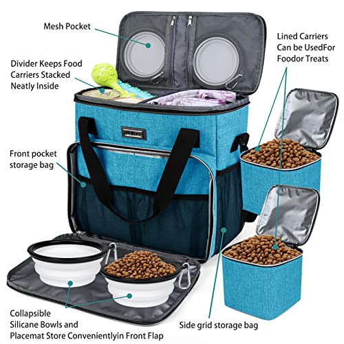 BAGLHER Dog Travel Bag, Pet Travel Bag (ALL Pet Travel Supplies), With 2 Pet Food Containers and 2 Collapsible Silicone Bowls; Essential Kits for Pet Travel Sky Blue - color: Sky Blue, size: Medium
