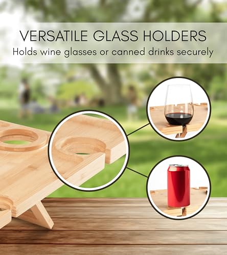 Portable Wine Picnic Table - Foldable Bamboo Snack Tray with Glass & Bottle Holders - Picnic Wine Set for Beach, Camping, Park - Gift for Wine Lovers