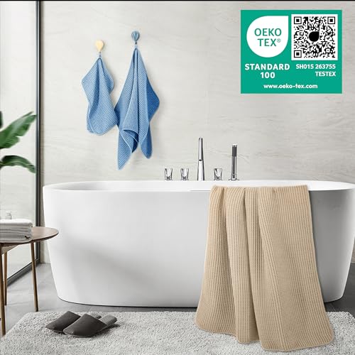 POLYTE 430 GSM Microfiber Quick Dry Lint Free Oversize Bath Towel Set, 6 Piece (Waffle Weave) - color: Beige,blue