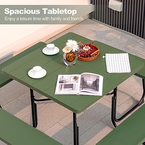 Tangkula 8 Person Picnic Table, Outdoor Square Picnic Table with 4 Built-in Benches, Umbrella Hole, Metal Frame & HDPE Tabletop, Outside Table and Bench Set for Backyard, 2300lbs Weight Capacity - color: Green