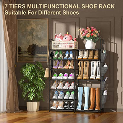 Kottwca 7 Tiers Shoe Rack Metal Shoe Organizer for Entryway Closet, 24-28 Pairs Stackable Shoe and Boots Shelf Storage Cabinet with Hooks and Side Hanging Pockets for Bedroom, Garage, Black - size: 2 Row 7 Tier