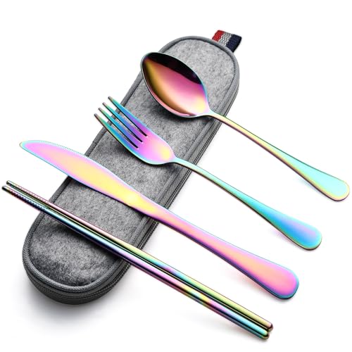 DEVICO Camping Utensils, Full-Size Reusable Silverware for Lunch Adult, Stainless Steel Travel Cutlery Set with Case, Portable Fork Spoon Knife Set for Work, Flatware with Chopsticks (Rainbow) - color: Rainbow