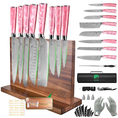FULLHI 15pcs Japanese Knife Set with Magnetic Knife Block Holder, Stainless Steel Blades, Pink Resin Ergonomic Handles for Professional and Home Cooking - color: Pink, size: Magnetic Block Knife set