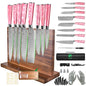 FULLHI 15pcs Japanese Knife Set with Magnetic Knife Block Holder, Stainless Steel Blades, Pink Resin Ergonomic Handles for Professional and Home Cooking - color: Pink, size: Magnetic Block Knife set