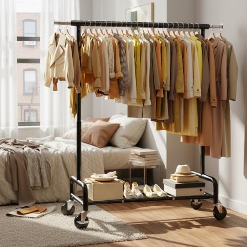 Raybee 75" W Heavy Duty Clothes Rack Load 450 LBS, Metal Garment Storage with Shelf, Lockable Wheels & Anti-Slip Stoppers, Rolling Clothing Rack for Bedroom Laundry Room, Black - color: Black, style: Rod Shelf