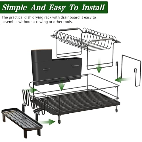 Runnatal Large Dish Drying Rack with Drainboard Set, Stainless Steel Detachable 2-in-1 Large-Capacity 2-Tier Over The Sink Anti-Rust Dish Rack and Dish Drainer for Kitchen Counter - size: 2-Tier