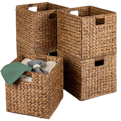 Best Choice Products 10.5x10.5in Pack of 5 Cube Storage Baskets, Water Hyacinth Multipurpose Collapsible Organizers, Handwoven Laundry Totes for Laundry, Living Room, Kids Room & Nursery - Chestnut - color: Chestnut, size: 10.5x10.5in