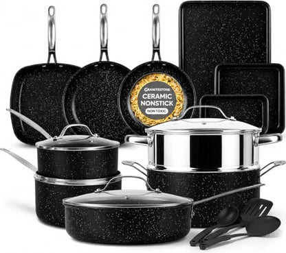 Granitestone Ceraluxe 20 Pc Ceramic Cookware Set Nonstick, Complete Pots and Pans Set Non Stick for Kitchen with Bakeware, Utensils & Steamer, Non Toxic Made Without PFOA PFOS, Oven & Dishwasher Safe - color: Black