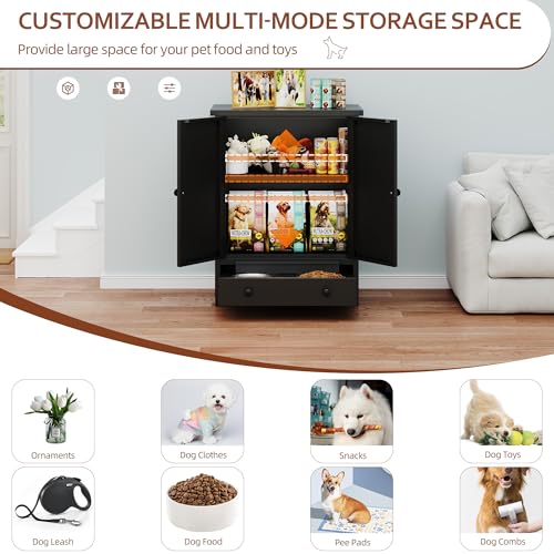 Dog Feeding Station with Storage, Metal Dog Food Storage Cabinet with 2 Elevated Bowls and 3 Hooks, Pet Feeding Station and Food Storage Organizer, Black - size: Metal Black