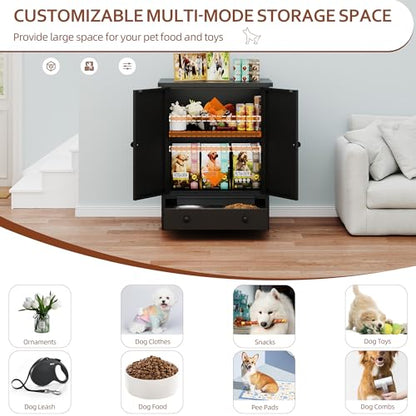 Dog Feeding Station with Storage, Metal Dog Food Storage Cabinet with 2 Elevated Bowls and 3 Hooks, Pet Feeding Station and Food Storage Organizer, Black - size: Metal Black