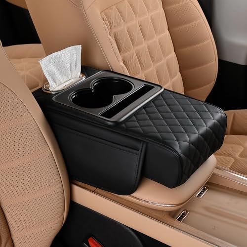 FREESOO Car Center Console Cover, Leather Armrest Cover for Car, Universal Middle Console Cushion with Storage Box, Cup Holder, Tissue Box & Phone Slot, Luxury Waterproof Interior Accessories, Black - color: Black